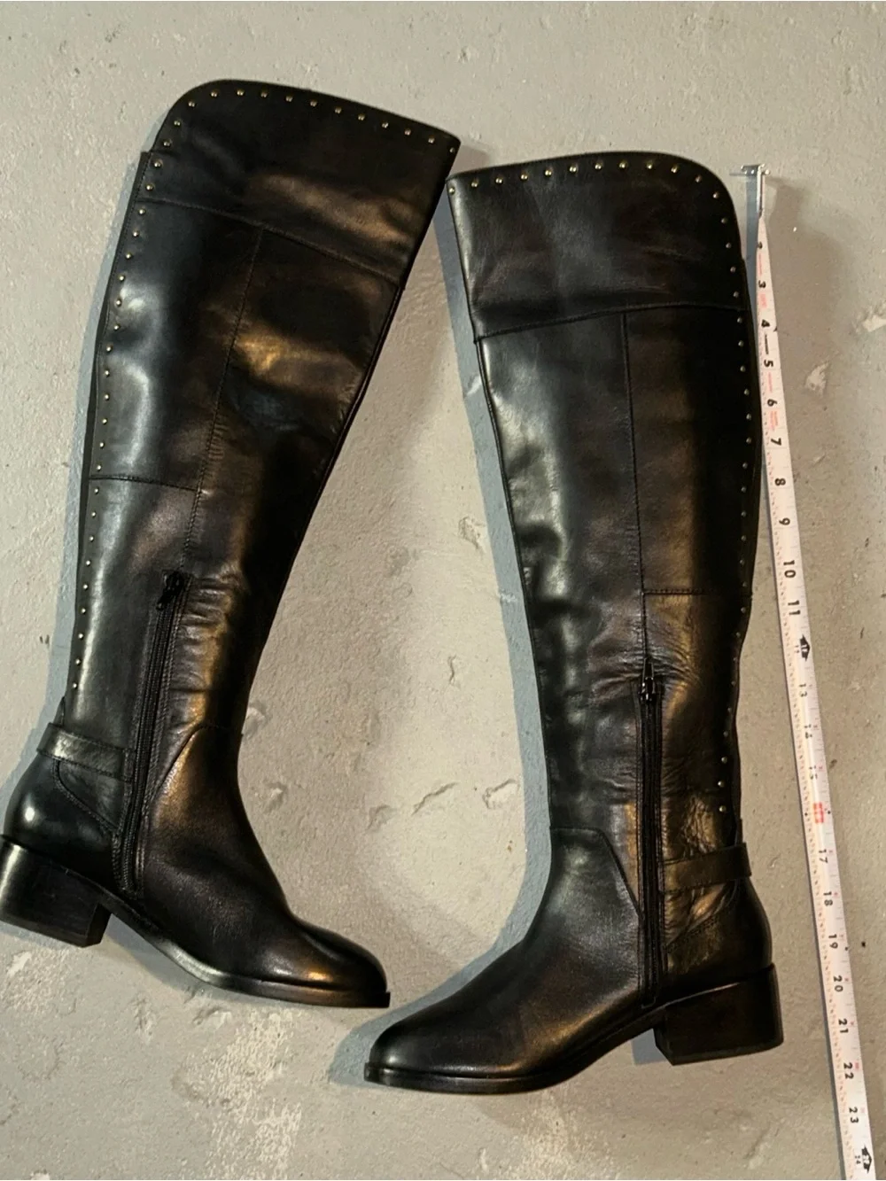 Black Studded Knee High Riding Boots Gold Buckle Equestrian Moto Biker 6.5M